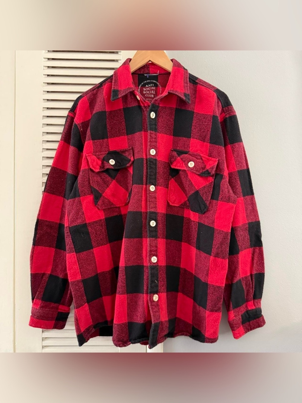 Anti Social Social Club Red Flannel Longsleeve Shirt Size L - Picture 6 of 8